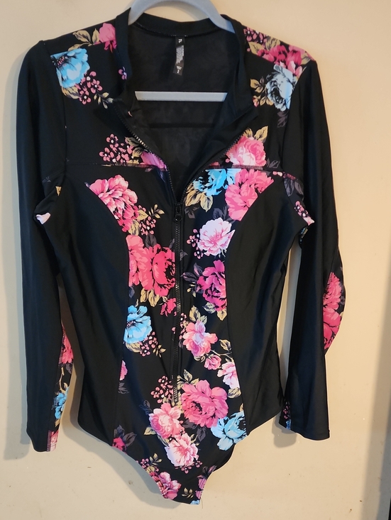 torrid Other - torrid Black Floral Zip-Front Long Sleeve Bodysuit with Pink & Blue Flowers
